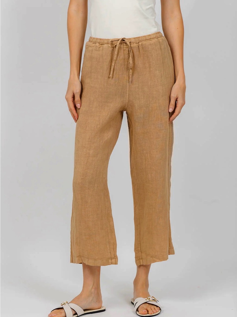 NWT Michael Kors Cropped Drawstring Linen Wide Leg Pants in Tan